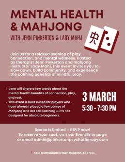 Join us Tuesday, March 3rd from 5 30–7 30pm for our next Mental Health & Mahjong night with Jenn